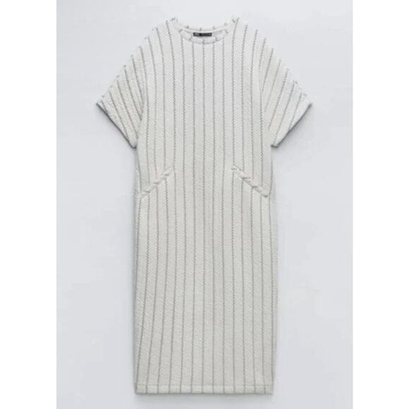 Zara Oversized Striped Quilted Midi Dress Cream & Black Weave Size Large - Picture 4 of 14